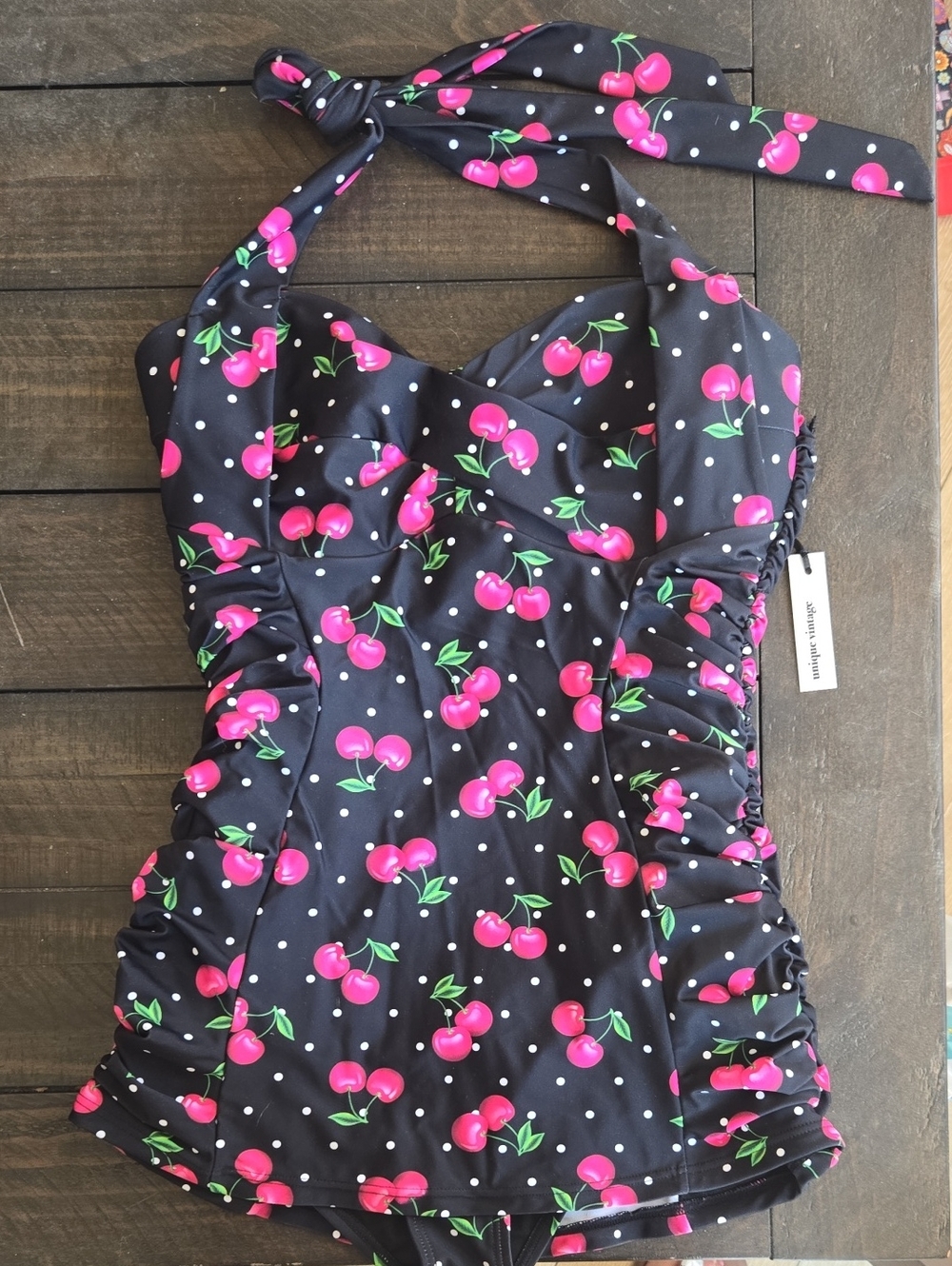 Womens Vintage Style Cherry-Print Halter Swim Suit - Black & Red